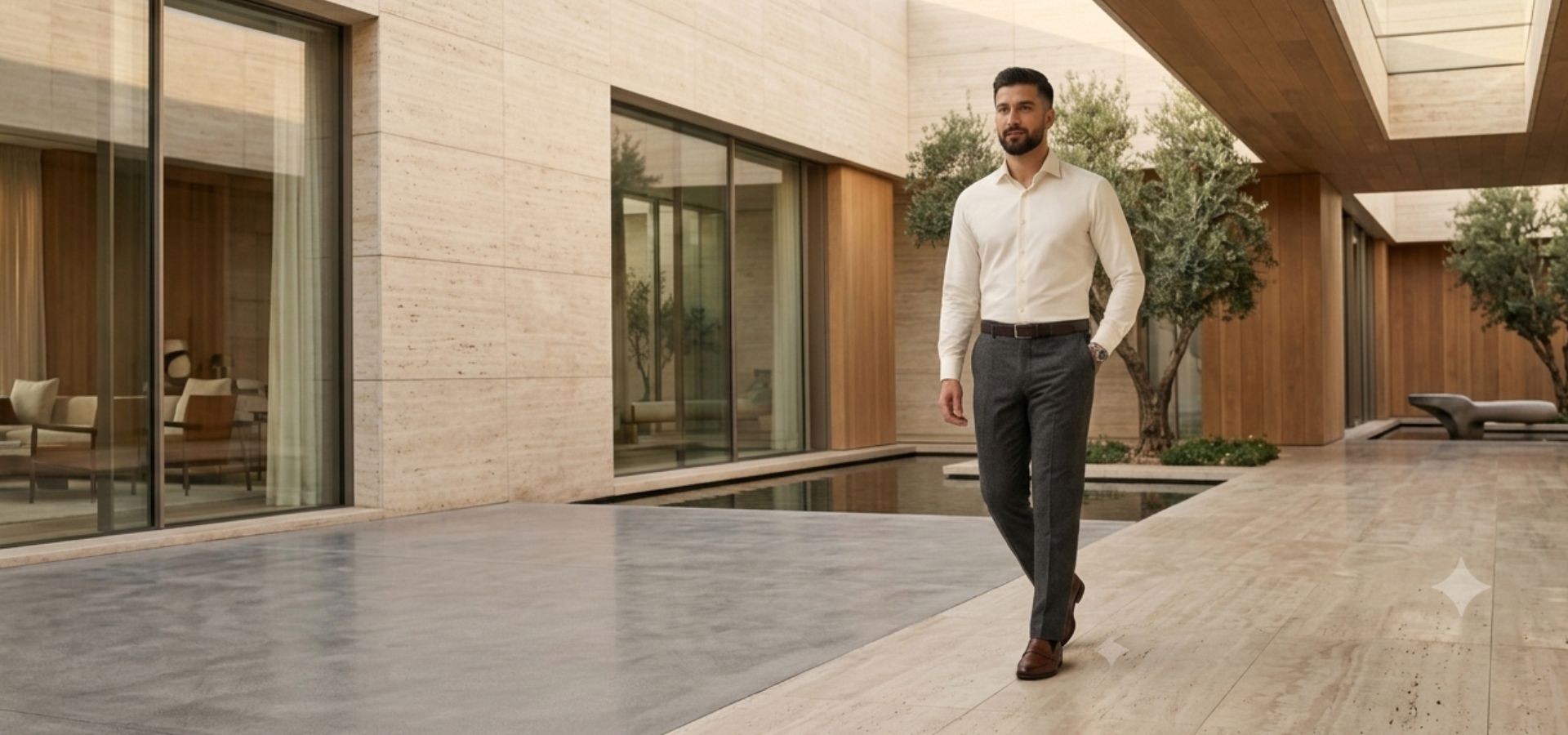 Model wearing Temiz Wear tailored trousers